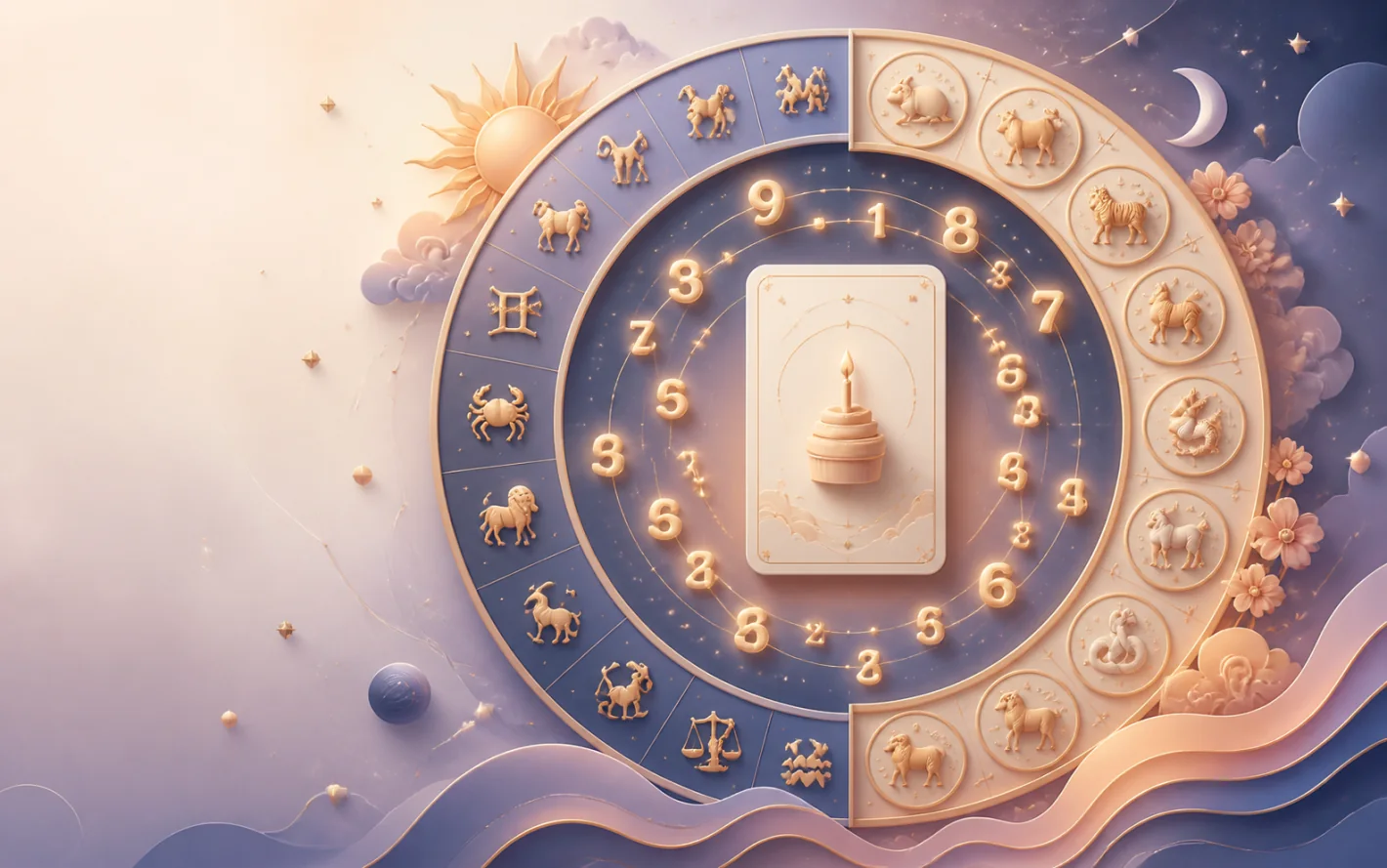 Global birthday illustration connecting Western zodiac, Chinese zodiac animals, and numerology